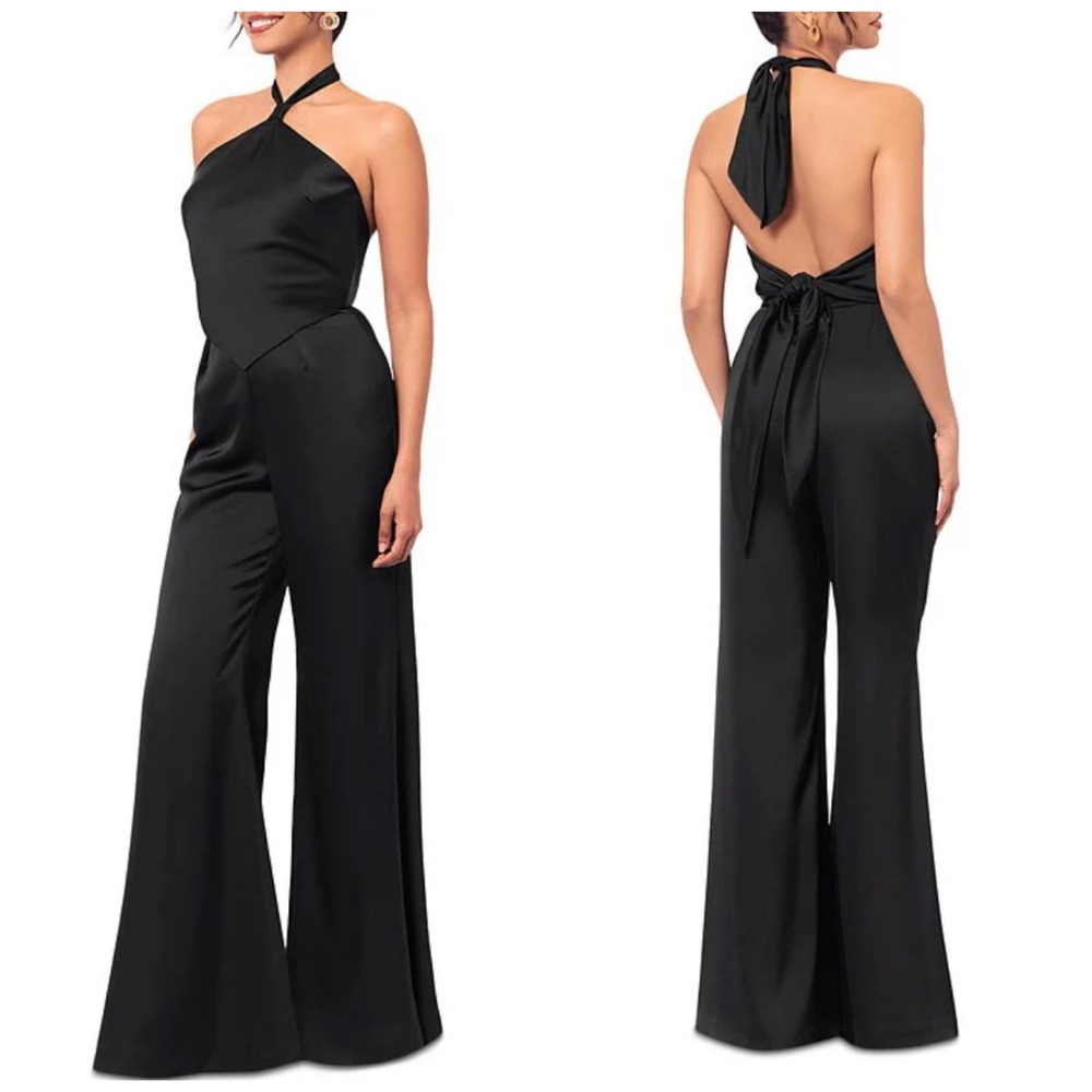 AQUA Formal Black Halter Wide Leg Satin Jumpsuit Size 8 NEW $268